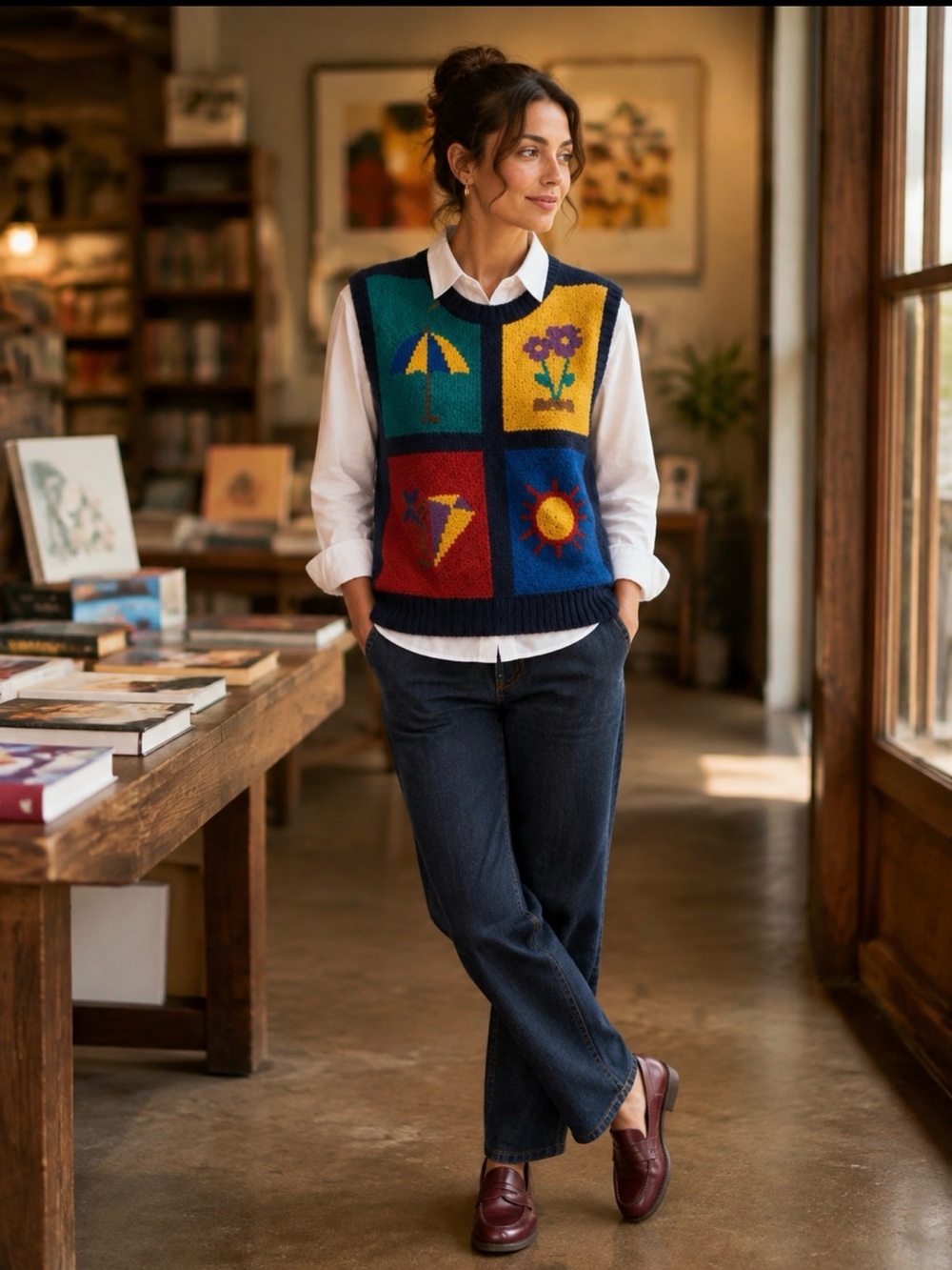 Chaus Colorblock Novelty Knit Sweater Vest Whimsical Teacher Medium
